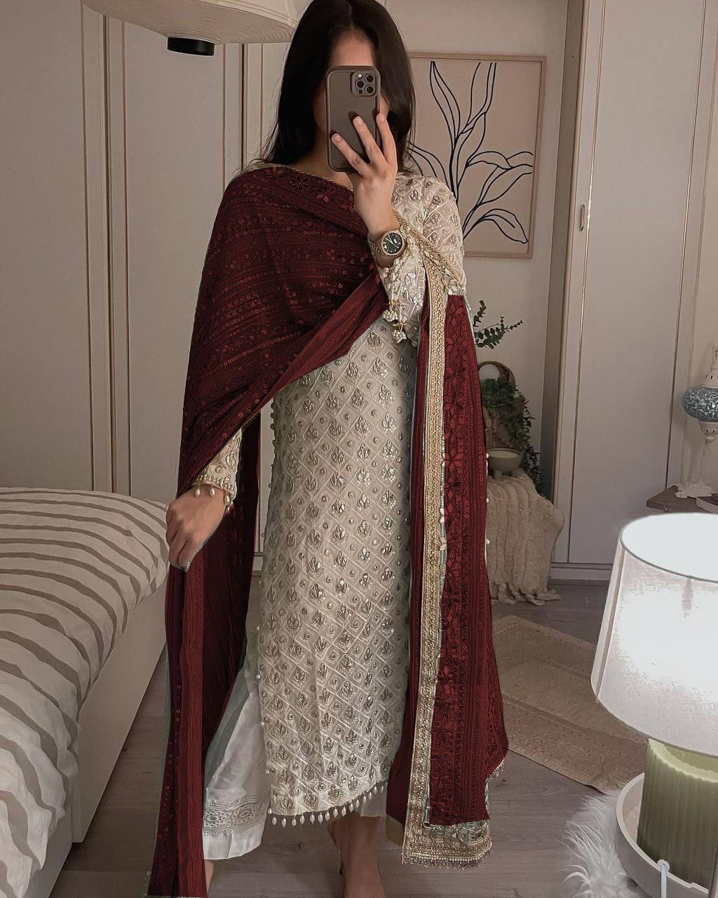 Pretty Sequence Work White Color Suit With Maroon Dupatta