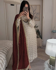 Pretty Sequence Work White Color Suit With Maroon Dupatta