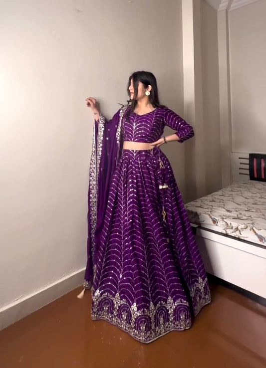 Captivating Embroidery With Sequence Work Blue Color Purple Color Lehenga Choli