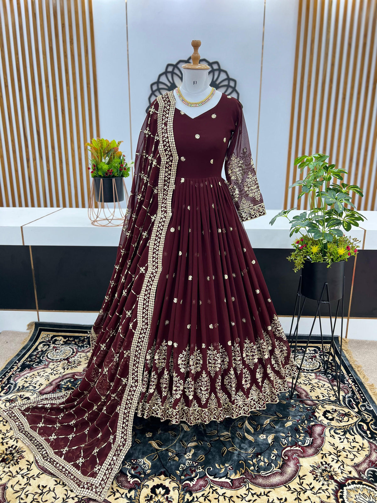 Mesmerizing  Embroidery Sequence Work Maroon Color Gown