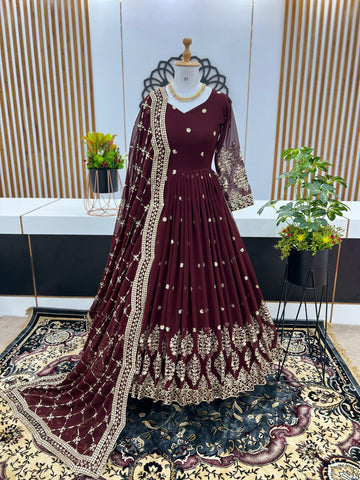 Mesmerizing  Embroidery Sequence Work Maroon Color Gown