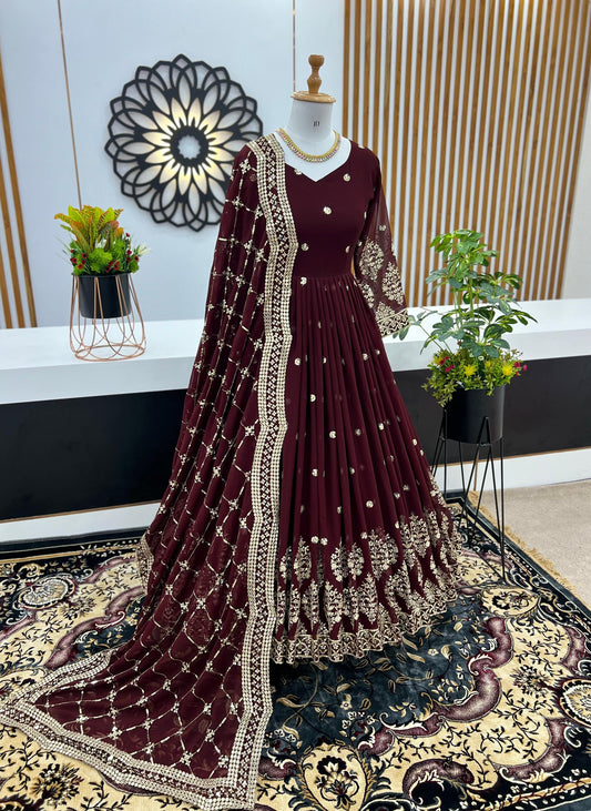 Mesmerizing  Embroidery Sequence Work Maroon Color Gown