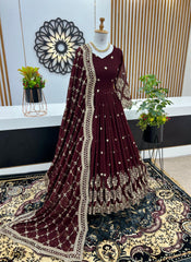 Mesmerizing  Embroidery Sequence Work Maroon Color Gown