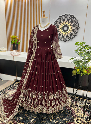 Mesmerizing  Embroidery Sequence Work Maroon Color Gown
