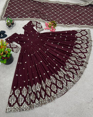 Mesmerizing  Embroidery Sequence Work Maroon Color Gown