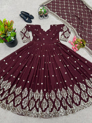 Mesmerizing  Embroidery Sequence Work Maroon Color Gown