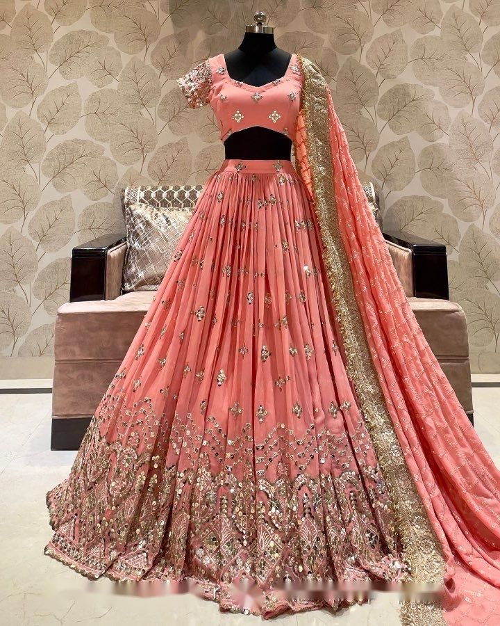 Lovely  Peach Color Sequences Embroidery Work Lehenga Choli