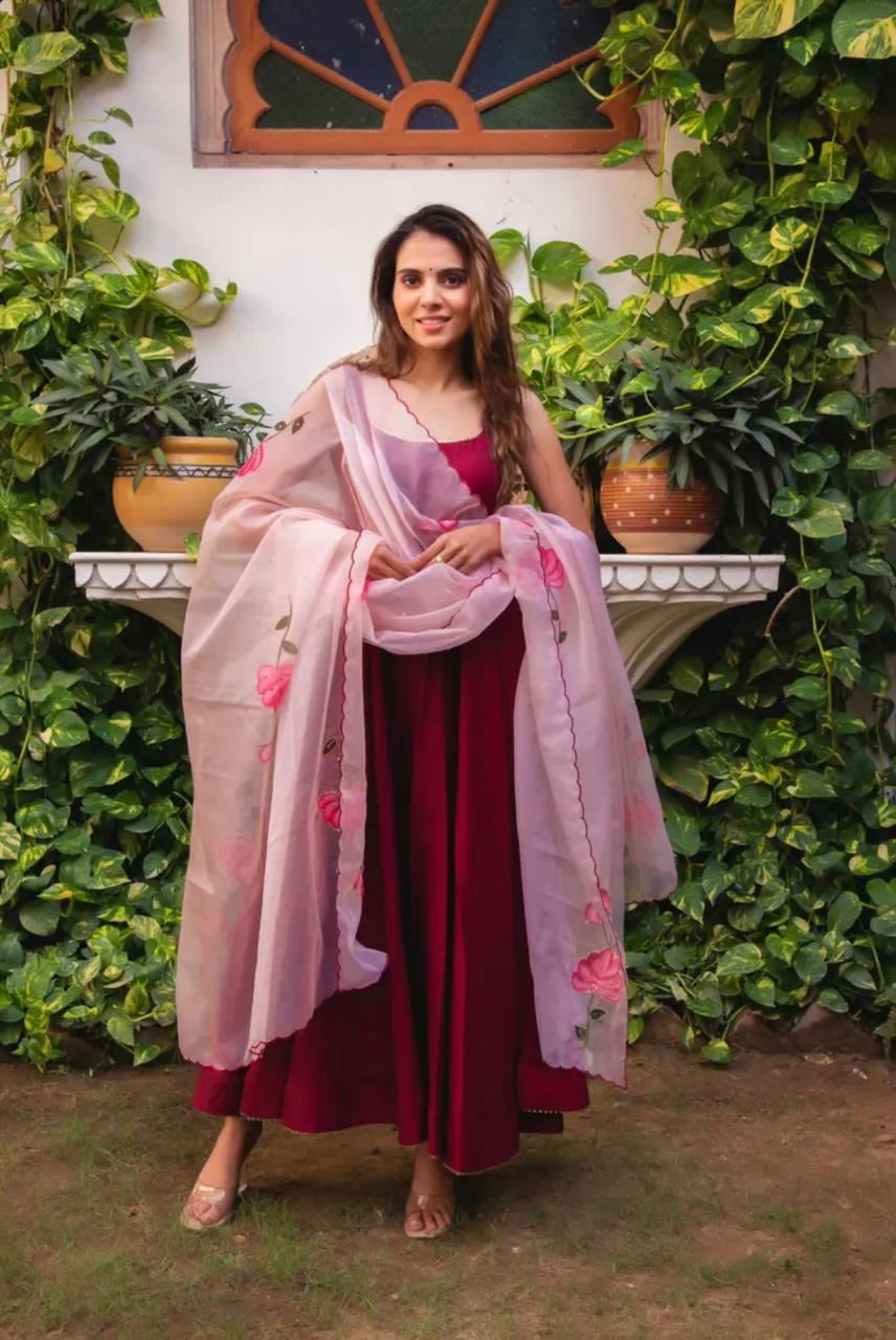 Plain Maroon Color Gown With Organza Dupatta