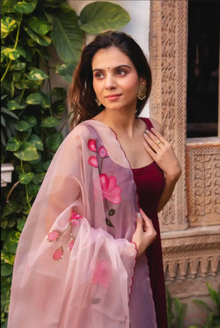 Plain Pink Color Gown With Organza Dupatta