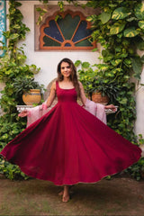 Plain Maroon Color Gown With Organza Dupatta