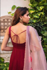 Plain Maroon Color Gown With Organza Dupatta