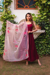 Plain Maroon Color Gown With Organza Dupatta