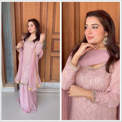 Luxuriant Embroidery Sequence Work Pink Color Sharara Suit