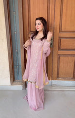Luxuriant Embroidery Sequence Work Pink Color Sharara Suit