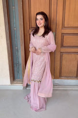 Luxuriant Embroidery Sequence Work Pink Color Sharara Suit
