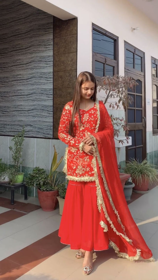 Charming Red Color Embroidery Work Sharara Suit