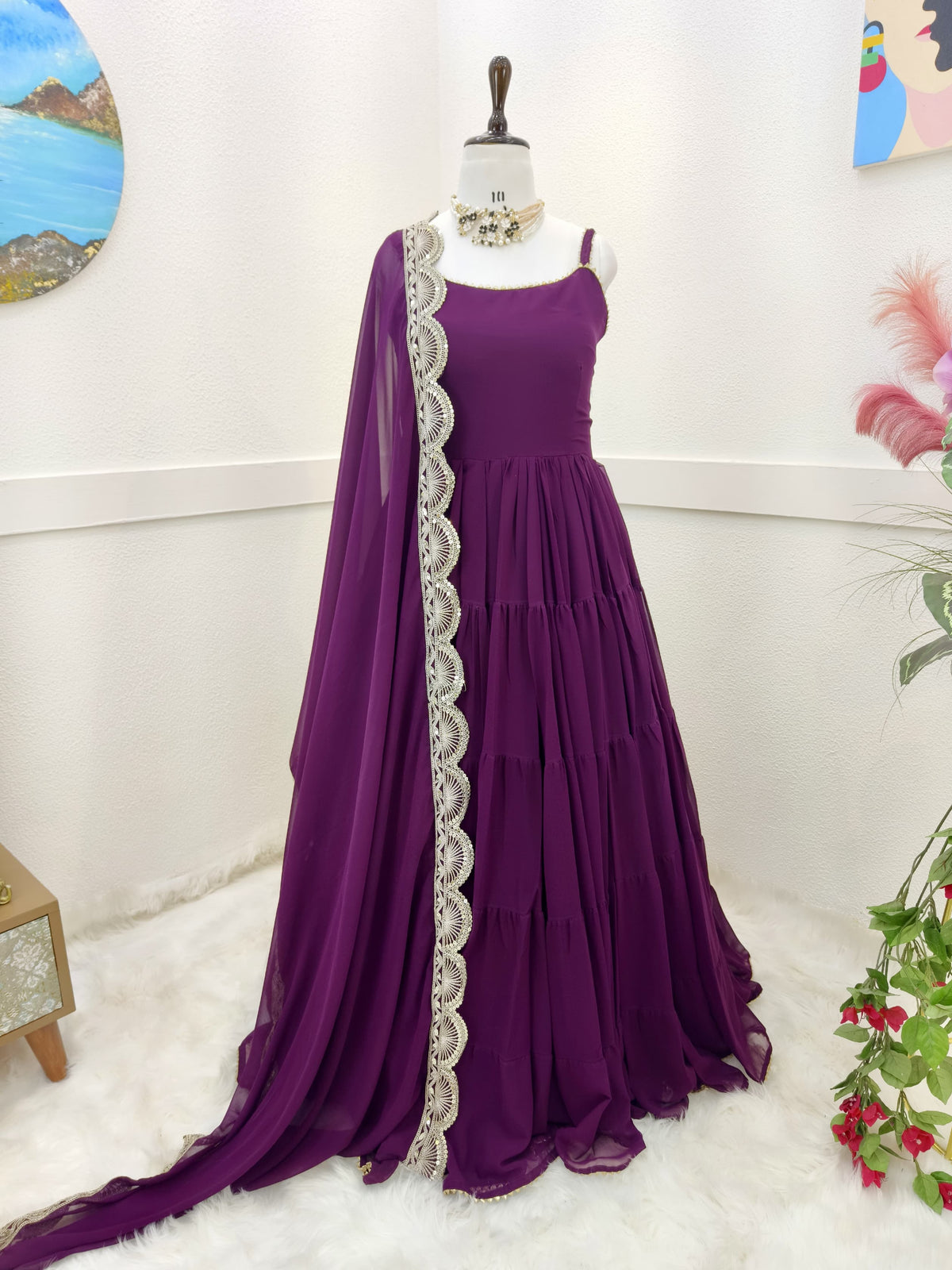 Fashionable Ruffle Style Plain Purple Color Long Gown