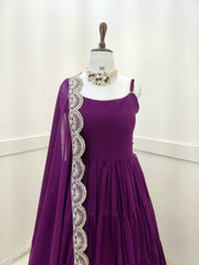 Fashionable Ruffle Style Plain Purple Color Long Gown