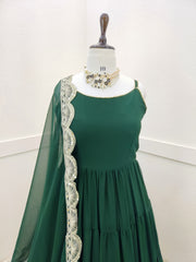 Fashionable Ruffle Style Plain Green Color Long Gown