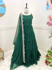 Fashionable Ruffle Style Plain Green Color Long Gown