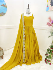 Fashionable Ruffle Style Plain Yellow Color Long Gown