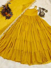 Fashionable Ruffle Style Plain Yellow Color Long Gown