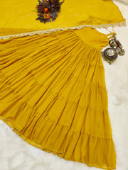 Fashionable Ruffle Style Plain Yellow Color Long Gown