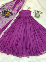 Fashionable Ruffle Style Plain Purple Color Long Gown