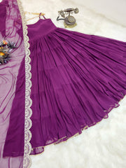 Fashionable Ruffle Style Plain Purple Color Long Gown