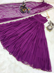 Fashionable Ruffle Style Plain Purple Color Long Gown