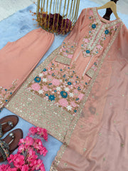 Glimmering Embroidery Sequence Work Peach Color Anarkali Suit