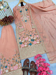 Glimmering Embroidery Sequence Work Peach Color Anarkali Suit