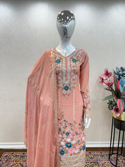 Glimmering Embroidery Sequence Work Peach Color Anarkali Suit