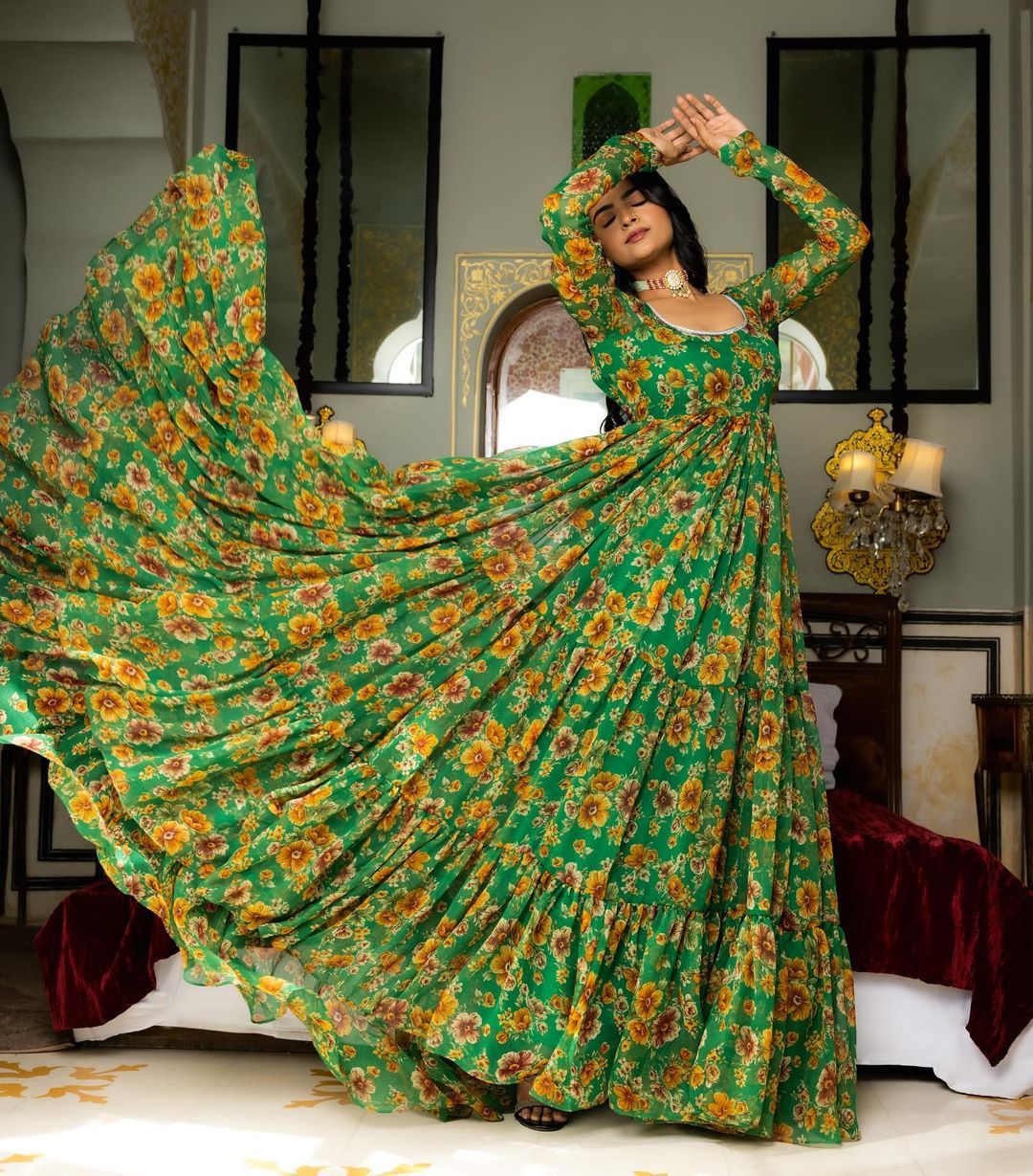 Luxuriant Green Color Ruffle With Print Long Gown