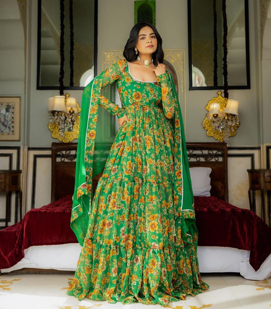 Luxuriant Green Color Ruffle With Print Long Gown