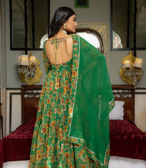 Luxuriant Green Color Ruffle With Print Long Gown