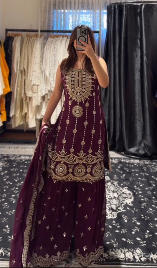 Fashionable Sequence Embroidery Work Maroon Color Sharara Suit