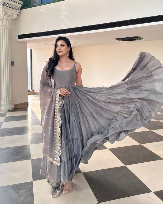 Captivating Plain Ruffle Flair Grey Color Embroidery Sequence Work Dupatta Gown