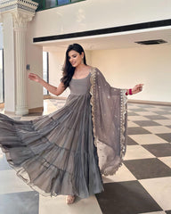 Captivating Plain Ruffle Flair Grey Color Embroidery Sequence Work Dupatta Gown