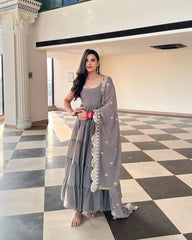 Captivating Plain Ruffle Flair Grey Color Embroidery Sequence Work Dupatta Gown