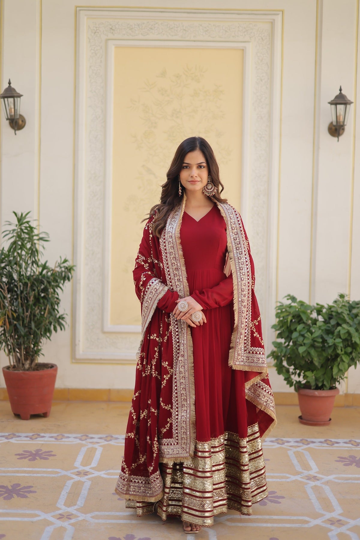 Fantastic Embroidery Sequence Maroon Color Gown