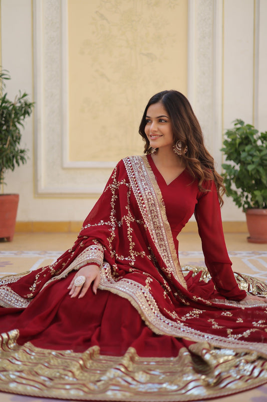 Fantastic Embroidery Sequence Maroon Color Gown