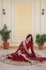 Fantastic Embroidery Sequence Maroon Color Gown