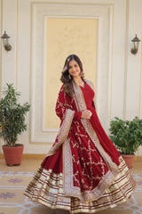 Fantastic Embroidery Sequence Maroon Color Gown