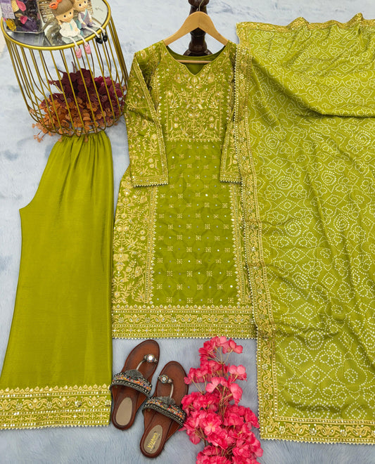 Captivating Mirror Embroidery Work Parrot Green Color Salwar Suit