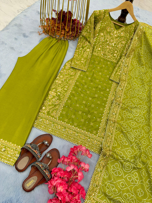 Captivating Mirror Embroidery Work Parrot Green Color Salwar Suit