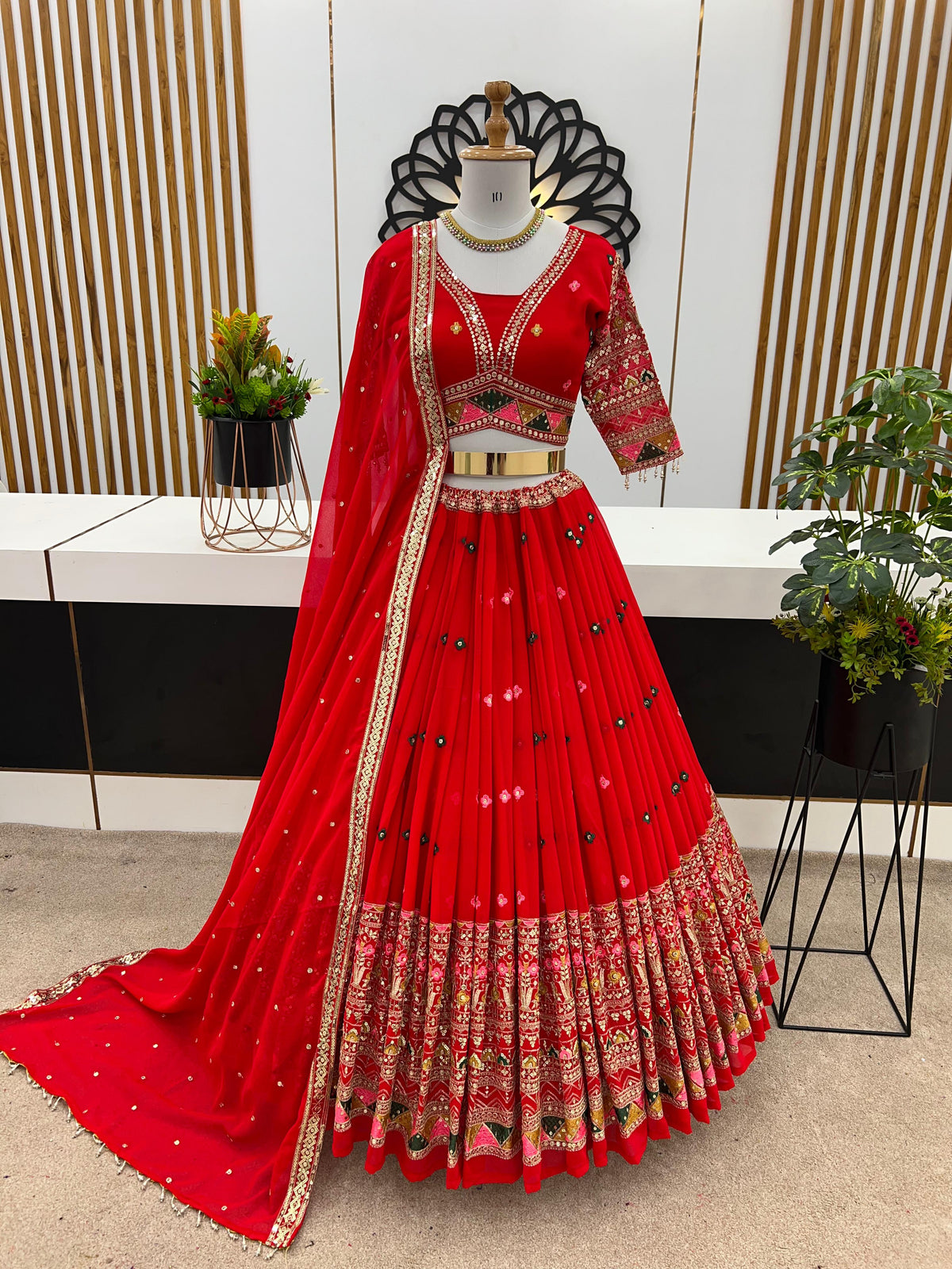 Bridal Wear Thread Embroidery Sequence Work Red Color Lehenga Choli