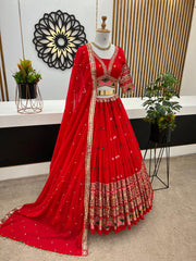 Bridal Wear Thread Embroidery Sequence Work Red Color Lehenga Choli