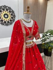 Bridal Wear Thread Embroidery Sequence Work Red Color Lehenga Choli