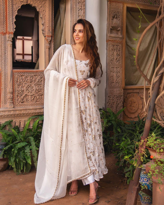 Classic Embroidery Sequence Work White Color Long Gown